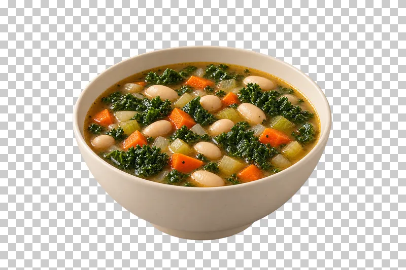 An ivory bowl of white bean and kale soup with carrot in pale broth.