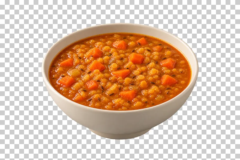 An ivory bowl of red lentil and carrot soup with cumin flecks.