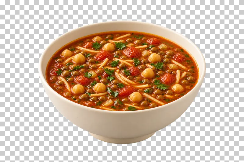 An ivory bowl of plant-based harira with chickpeas, lentils and short vermicelli.