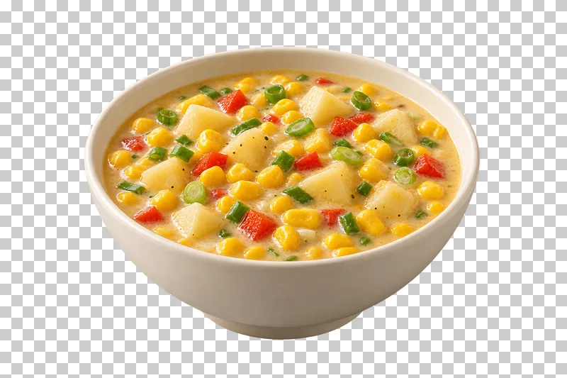 An ivory bowl of coconut corn and potato chowder with red pepper and scallion.