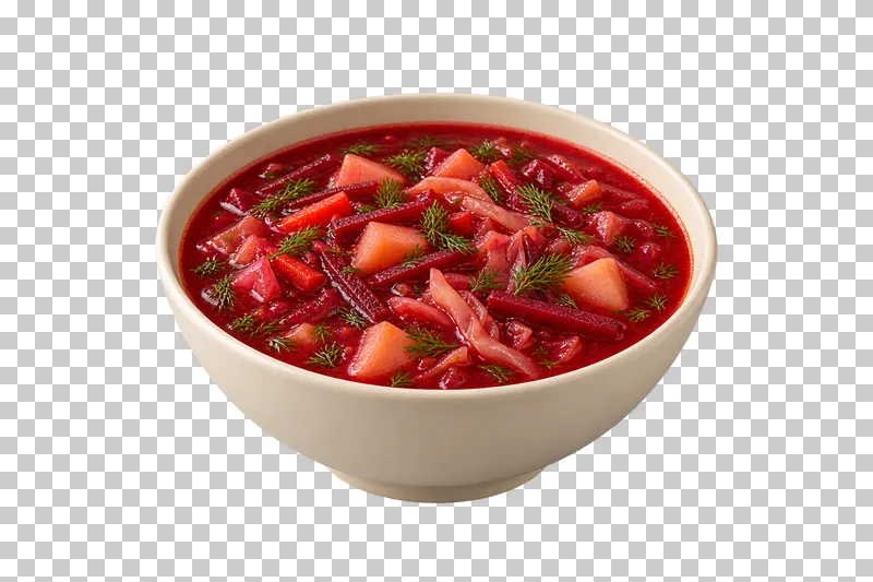 An ivory bowl of vegetable borscht with beet strips, cabbage, potato and dill.