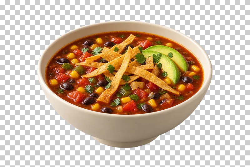 An ivory bowl of black bean tortilla soup with corn, avocado and tortilla strips.