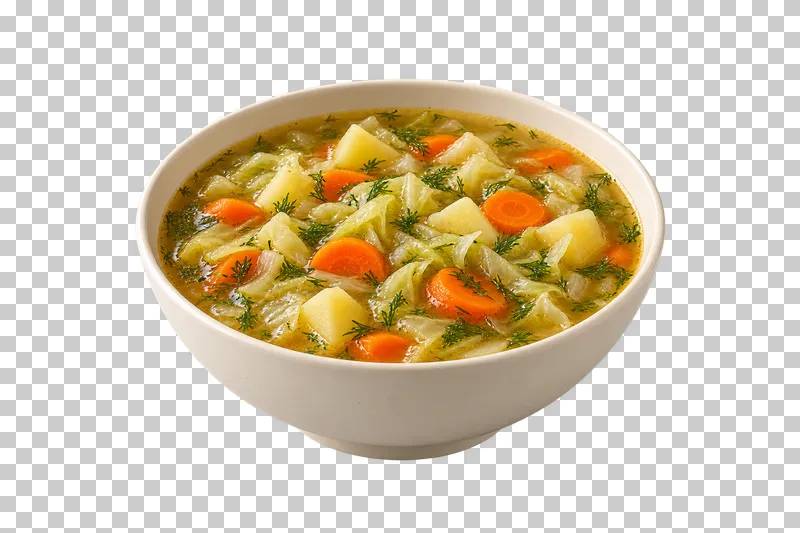An ivory bowl of cabbage, potato and dill soup with carrot in light broth.