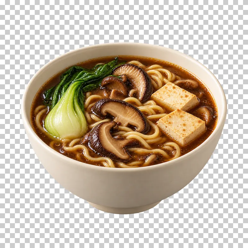 A deep ivory bowl of mushroom ramen with wheat noodles, shiitake, tofu and bok choy.