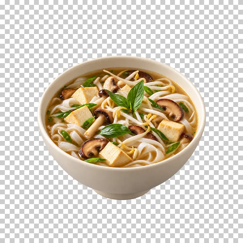 A deep ivory bowl of tofu and mushroom pho with rice noodles, sprouts and basil.