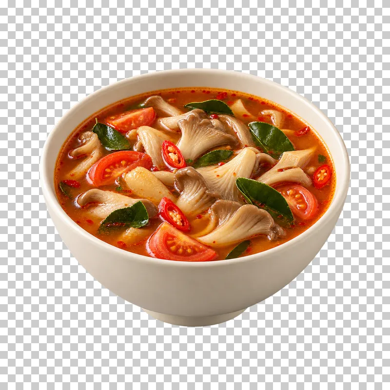 A deep ivory bowl of mushroom tom yum with tomato, chili and lime leaves.