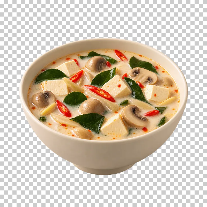 A deep ivory bowl of tofu tom kha with coconut broth, mushrooms and lime leaves.