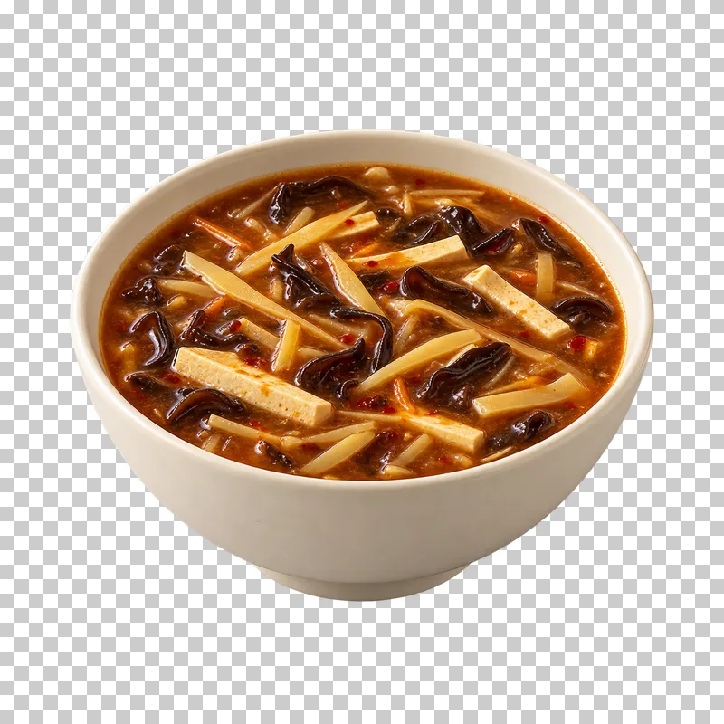 A deep ivory bowl of plant-based hot and sour soup with bamboo, wood-ear mushrooms and tofu strips.