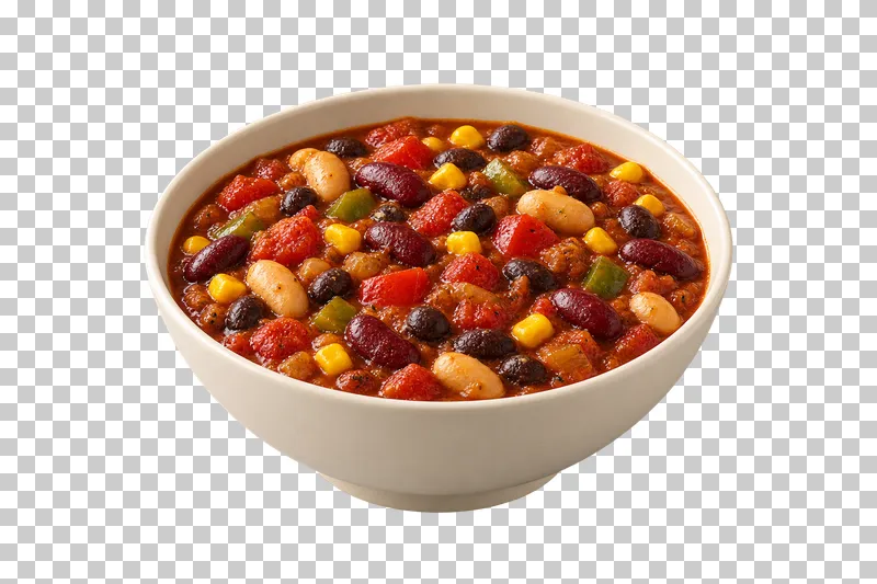 An ivory bowl of three-bean chili with tomato, pepper and corn.