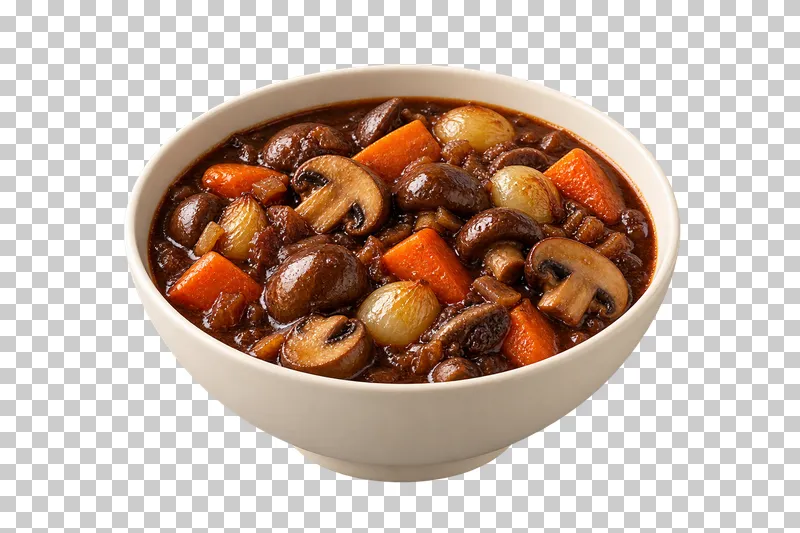 An ivory bowl of mushroom bourguignon with pearl onions and carrot in dark gravy.