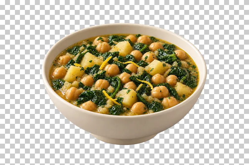 An ivory bowl of chickpea, spinach and lemon stew with potato pieces.
