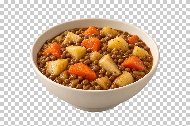 An ivory bowl of green lentil and root vegetable stew with carrot, parsnip and potato.
