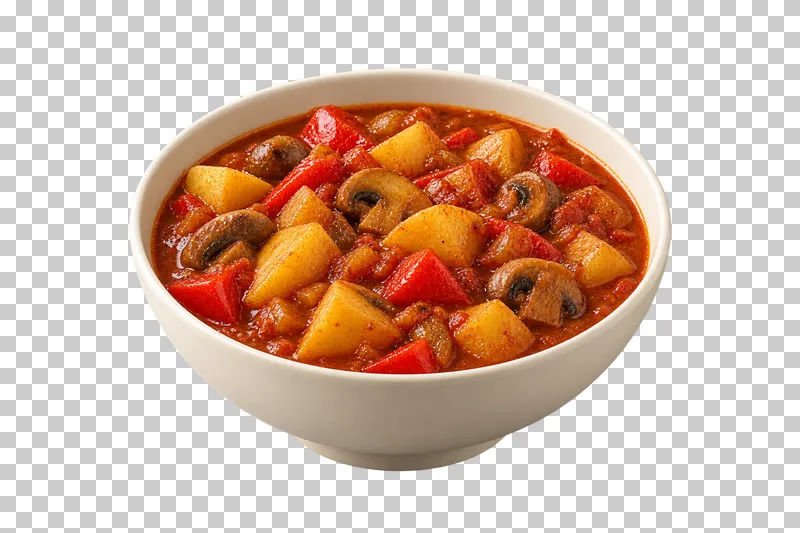An ivory bowl of paprika vegetable goulash with potato, mushrooms and red pepper.