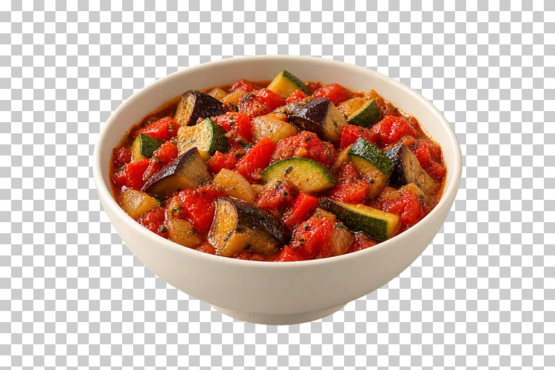 An ivory bowl of rustic ratatouille with eggplant, zucchini, tomato and red pepper.
