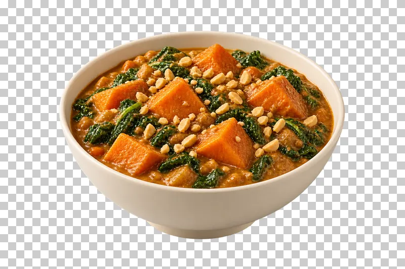An ivory bowl of peanut and sweet potato stew with leafy greens and crushed peanuts.