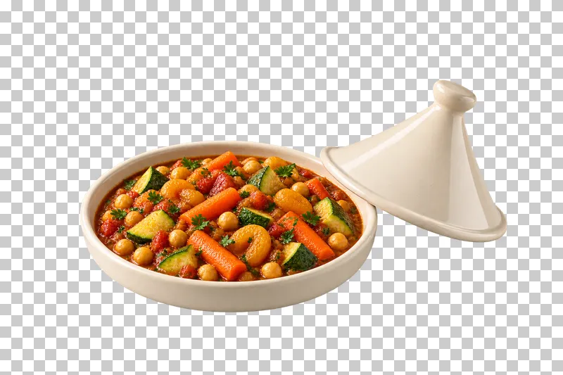 A shallow ivory vegetable and chickpea tagine with apricot and its conical lid beside it.