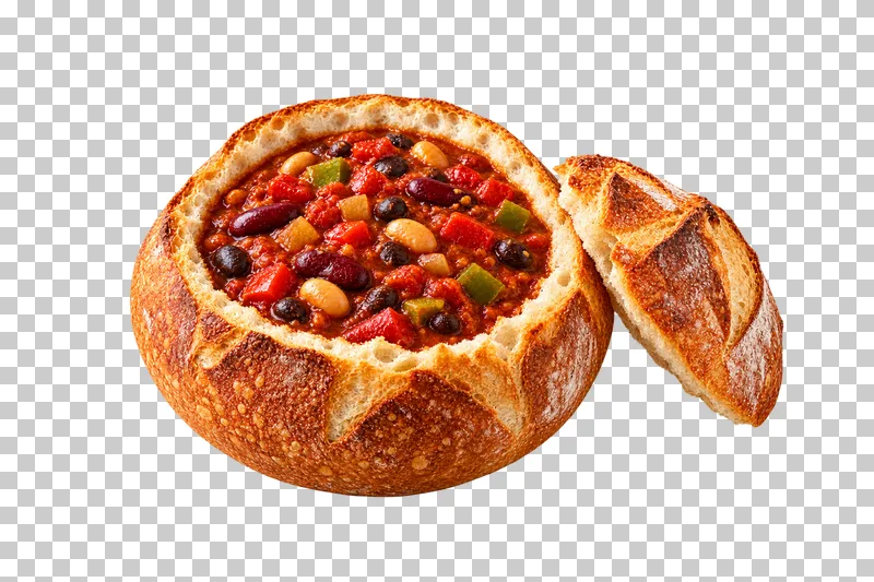 A hollowed sourdough bread bowl of three-bean chili with its cut bread lid beside it.