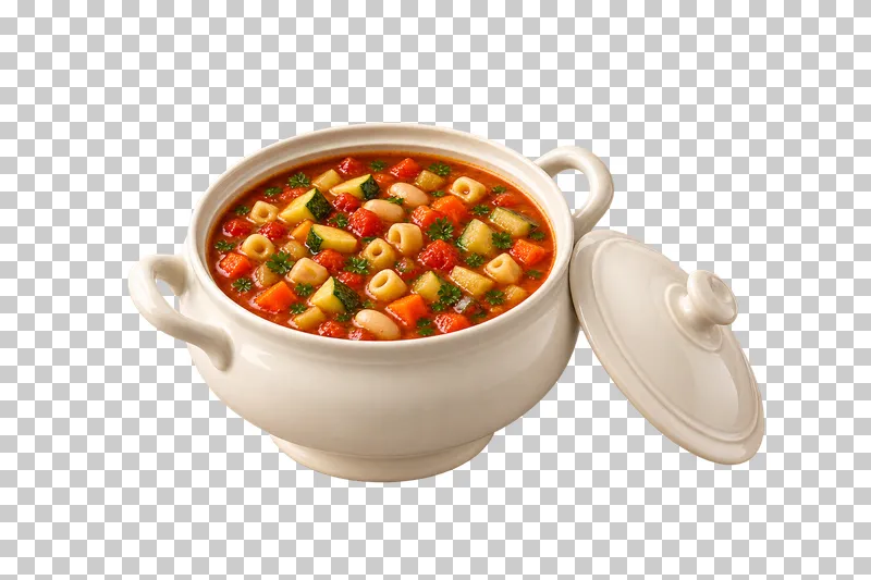An ivory two-handled minestrone tureen with a domed lid beside it.