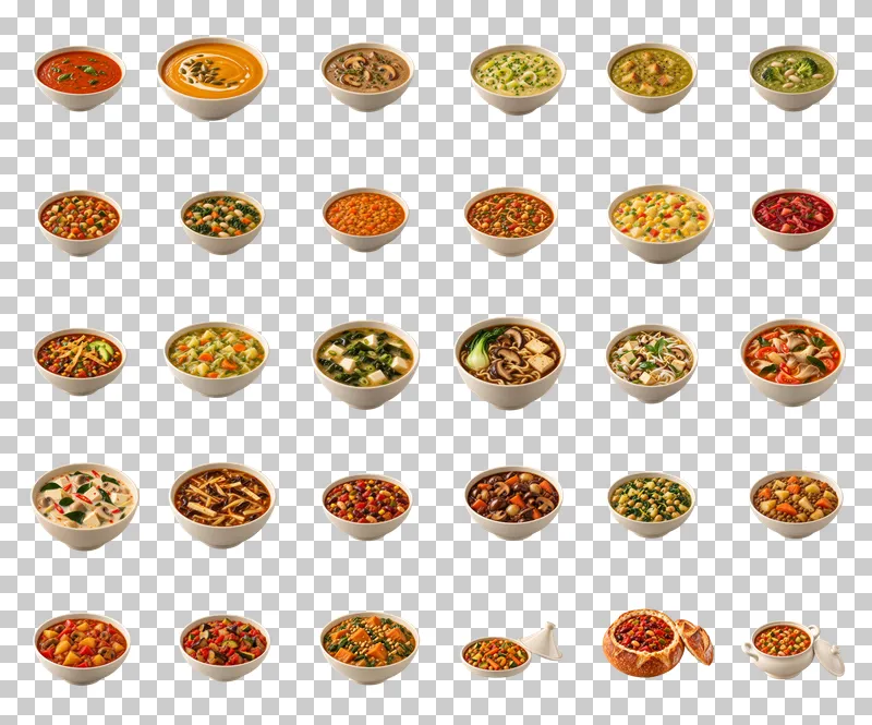 Plant-Based Soups and Stews Photo PNG Collection: all 30 elements in one grid