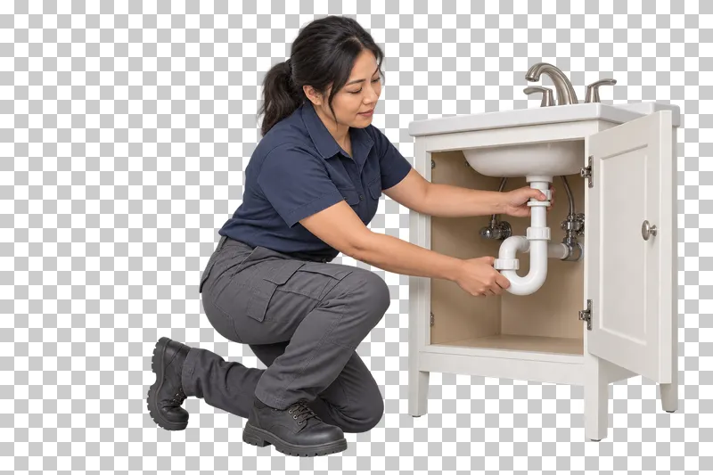 A female plumber crouching beside a complete vanity and repairing its white under-sink trap with both hands.