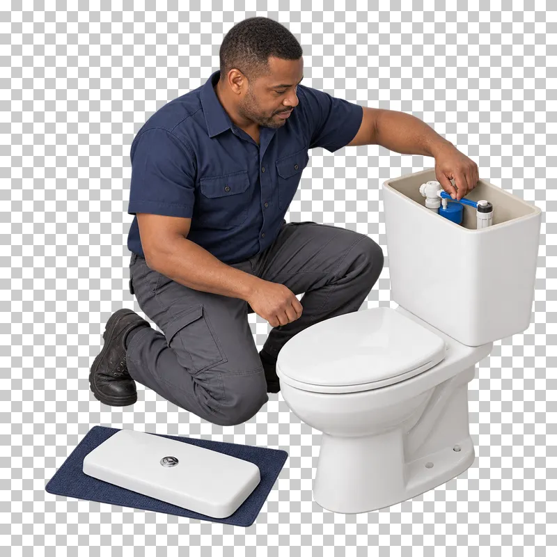 A male plumber kneeling beside a toilet and servicing the cistern through its open top, with the lid on a mat.