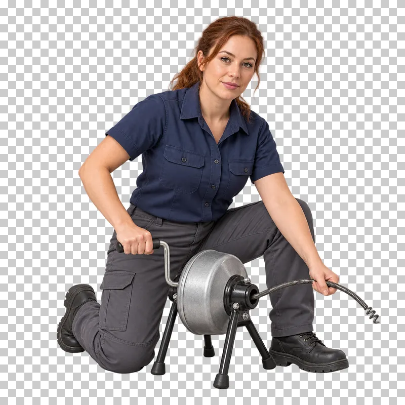 A female plumber kneeling beside a manual drain auger, holding its crank and contained cable.