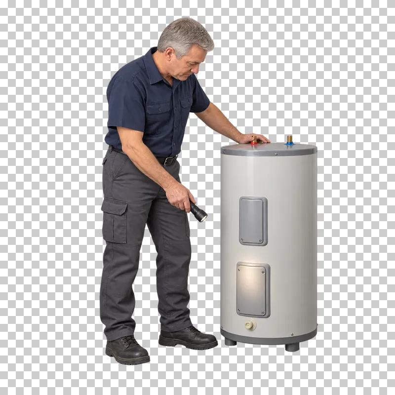 An older male plumber inspecting a complete compact electric water heater with a flashlight.
