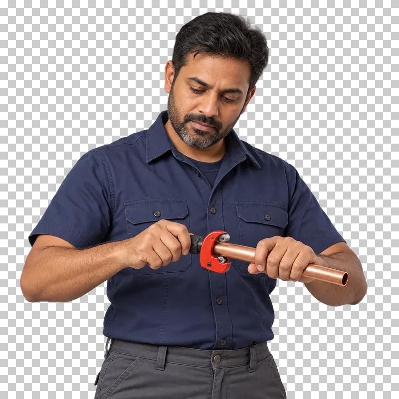 A male plumber using a compact wheel cutter around a short copper pipe, shown from the waist up.