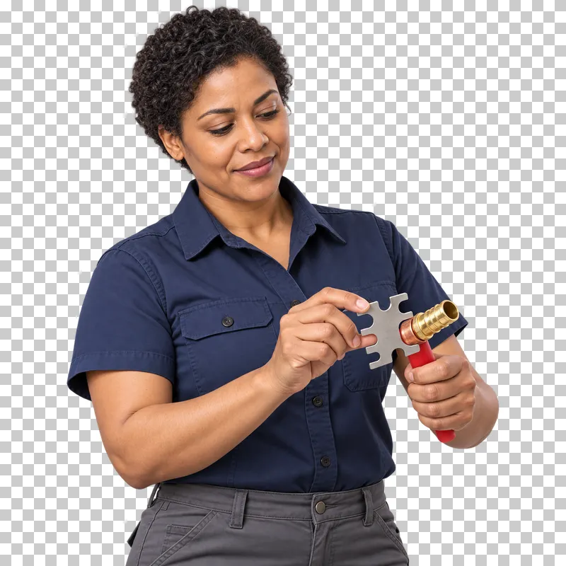 A female plumber supporting a short red PEX and brass joint while checking its copper crimp ring with a flat go/no-go gauge.
