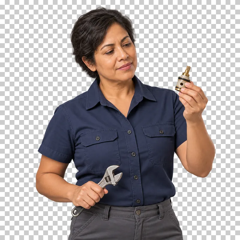 A female plumber inspecting a removed faucet cartridge while holding an adjustable spanner, shown from the waist up.