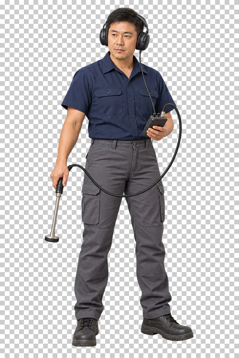 A male leak-detection technician wearing wired headphones and holding a control unit and acoustic listening probe.