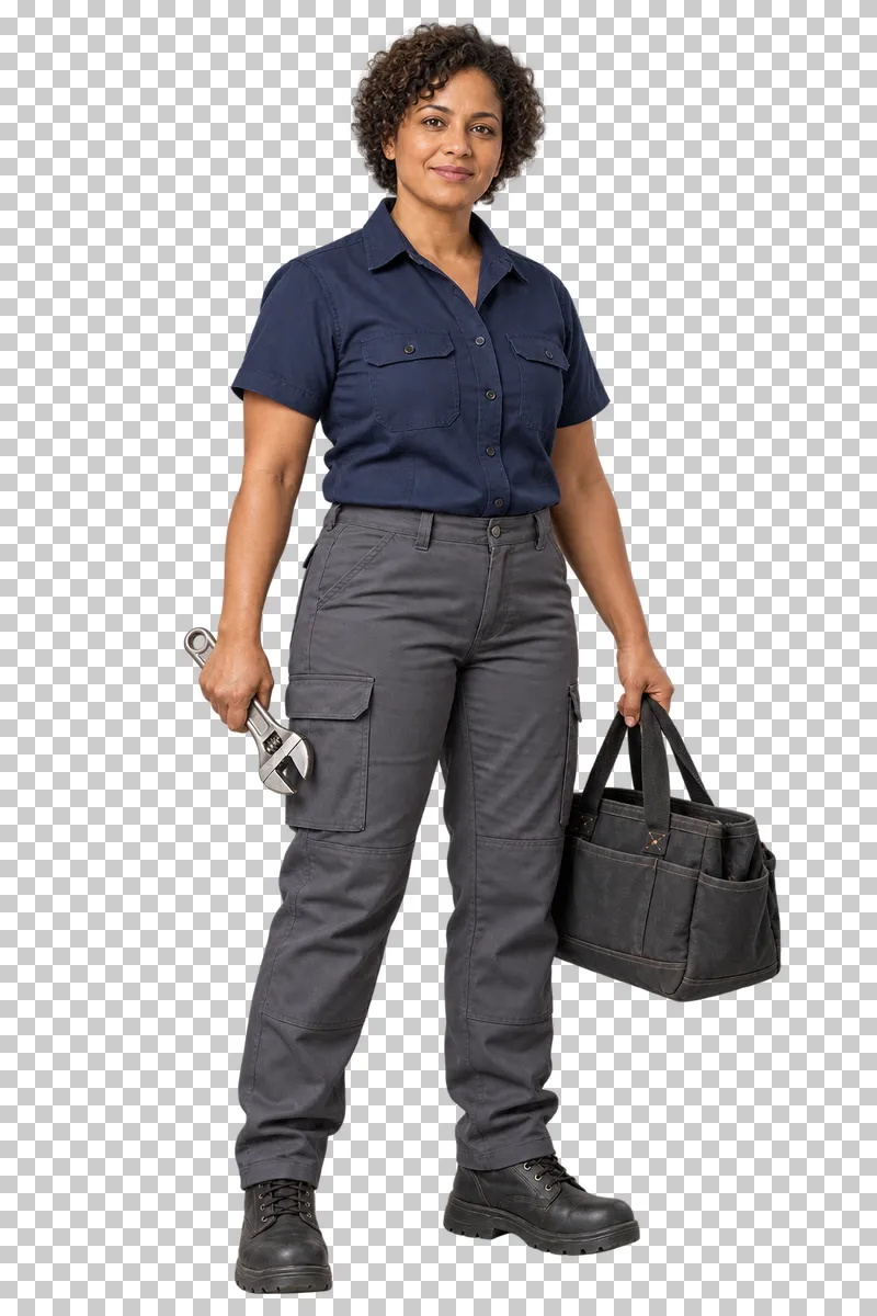 A female plumber standing with an adjustable wrench and a soft tool tote, with her complete body and boots visible.