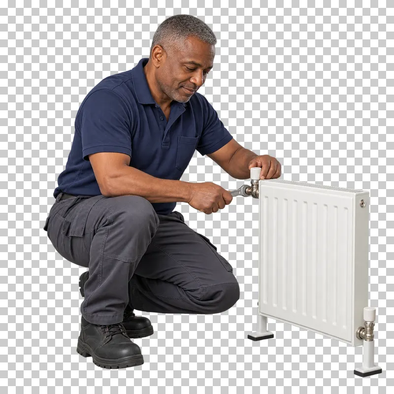 A male plumber crouching beside a small supported radiator and servicing its valve with a wrench.