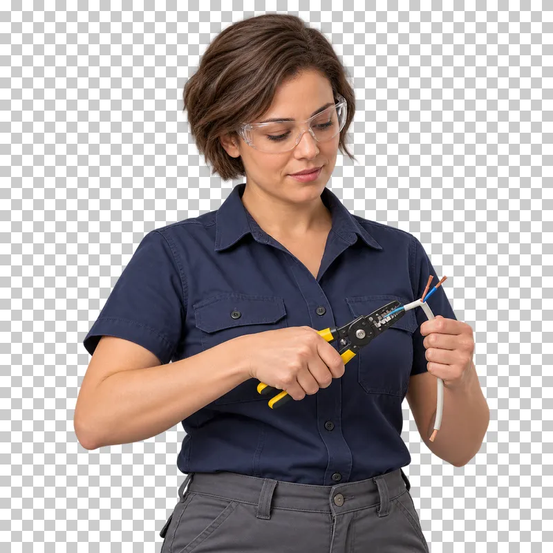 A female electrician wearing clear glasses and using a wire stripper on a short disconnected cable, shown from the waist up.
