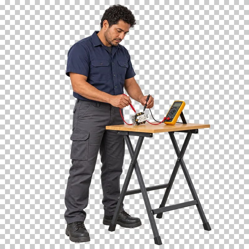 A male electrician standing at a small workbench and testing a disconnected socket with two multimeter probes.