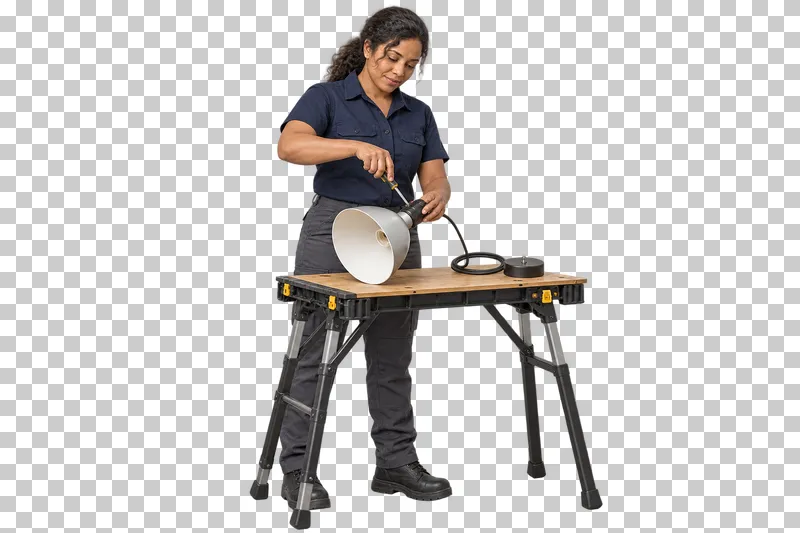 A female electrician repairing a disconnected pendant light on a complete folding workbench.
