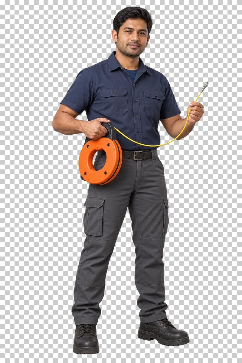 A male electrician standing with a fish-tape reel and a contained length of tape with its pulling eye visible.