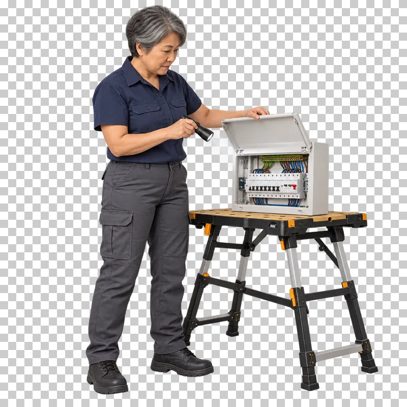 An older female electrician using a flashlight to inspect an open consumer unit supported on a folding workbench.