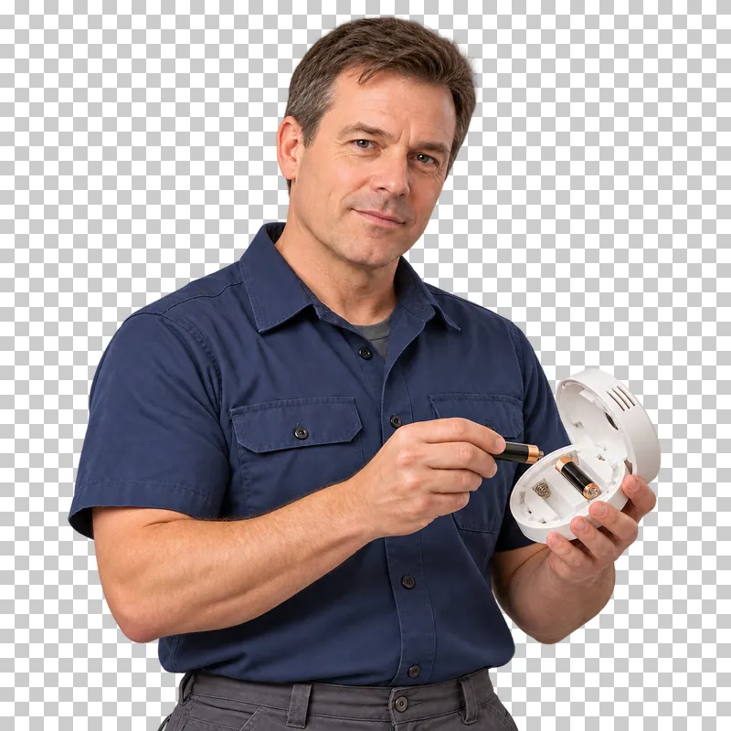 A male technician supporting an open smoke alarm and holding a replacement cylindrical battery beside its compartment.