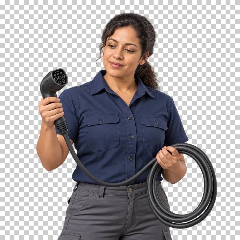 A female electrician holding an EV charging connector and a contained coil of cable, shown from the waist up.