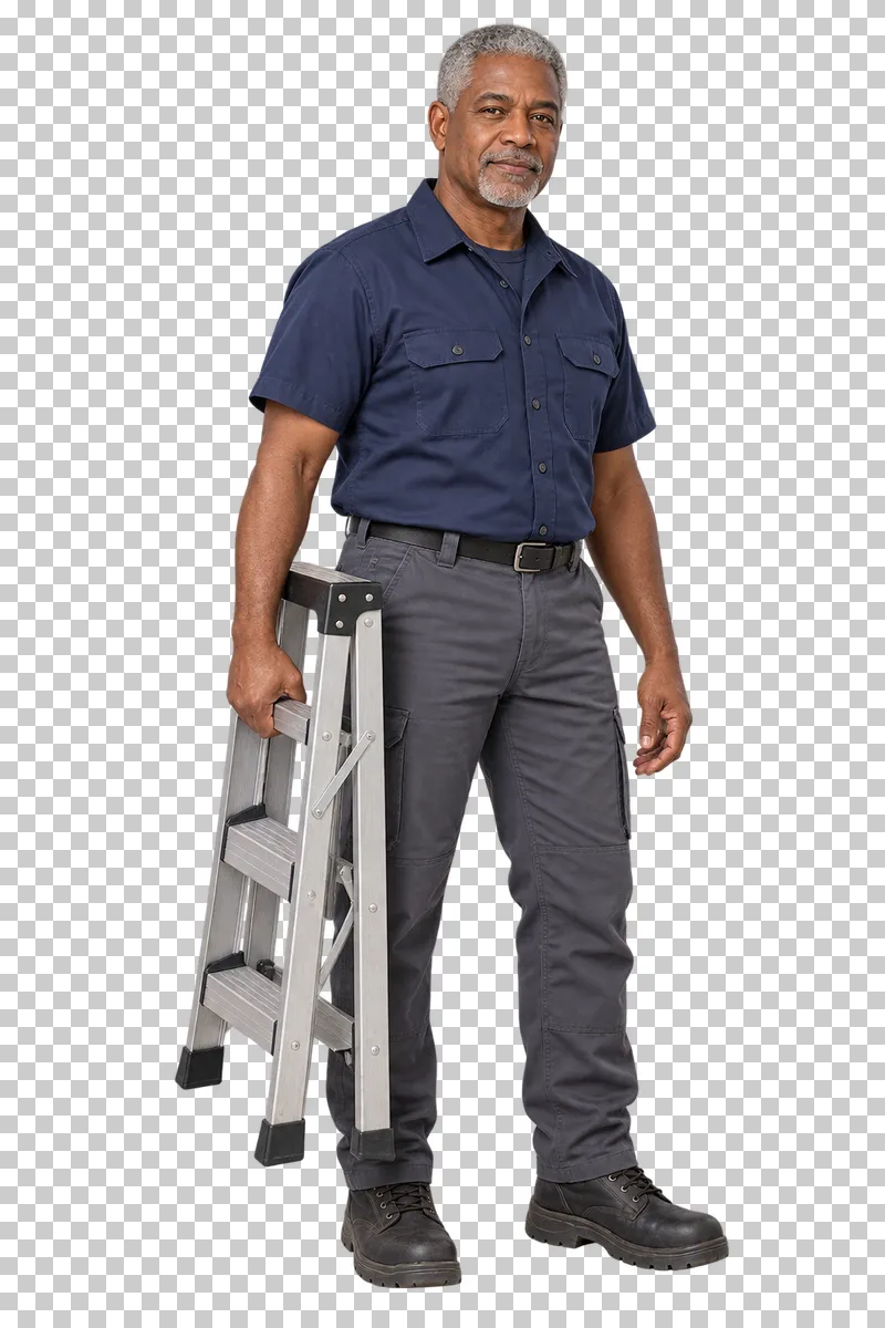 An older male electrician carrying a folded aluminum step ladder by its side, with his complete body and boots visible.