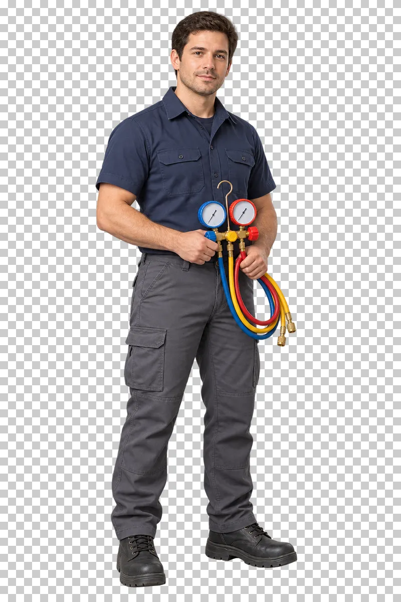 A male HVAC technician holding a manifold with two gauges and three contained colored hoses and fittings.