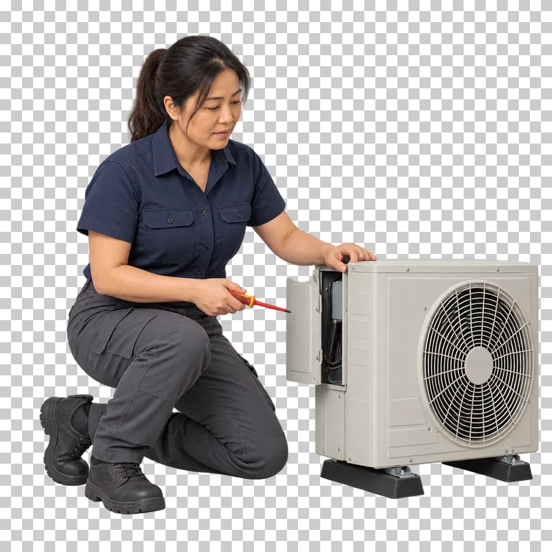 A female HVAC technician kneeling beside a complete outdoor condenser and servicing its side panel with a screwdriver.