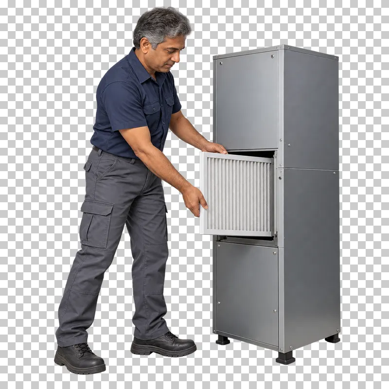 A male HVAC technician sliding a rectangular filter into a complete supported air-handler cabinet.