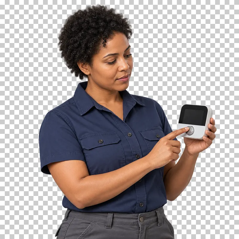 A female HVAC technician supporting a thermostat and touching its control, shown from the waist up.