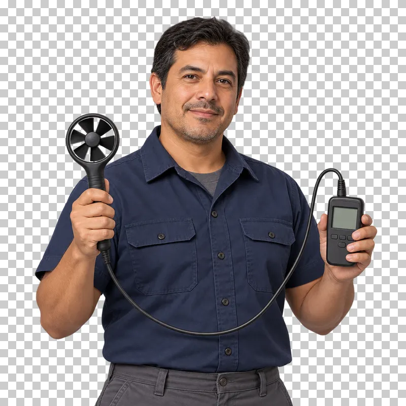A male HVAC technician holding a vane anemometer probe and its meter, joined by one continuous lead, shown from the waist up.