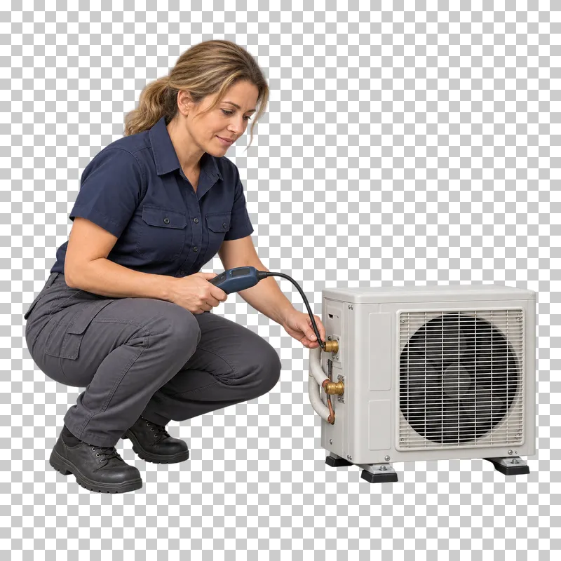A female HVAC technician crouching beside a complete condenser and guiding an electronic leak-detector probe near a service fitting.