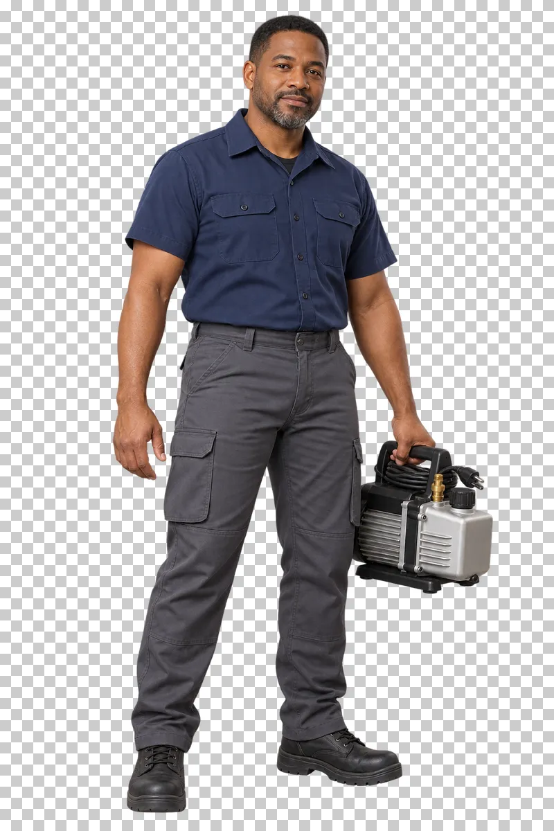 A male HVAC technician carrying a compact vacuum pump by its top handle, with its power cable contained and boots visible.