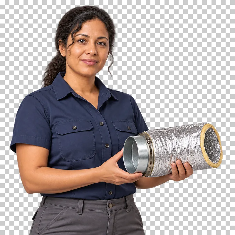 A female HVAC technician supporting a short insulated flexible duct section and metal collar with a retaining band, shown from the waist up.