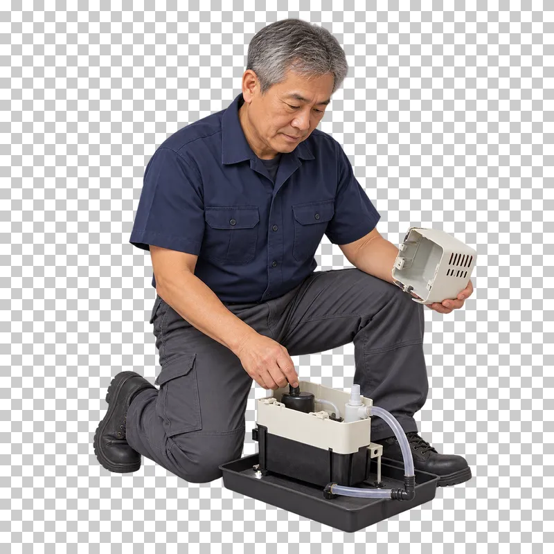 An older male HVAC technician kneeling beside a condensate pump on a drip tray and holding its removed cover.
